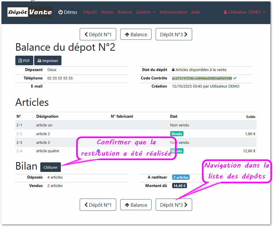 Balance : détail du dépôt