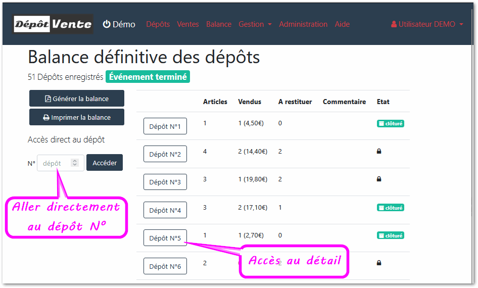 Balance : liste des dépôts