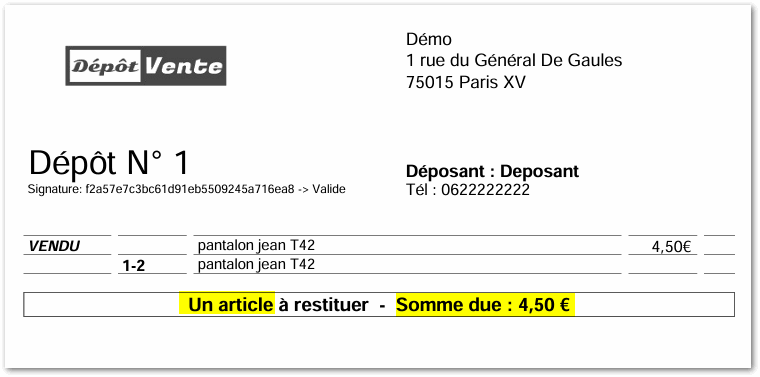 Exemple : dépôt n°1 extrait de la balance