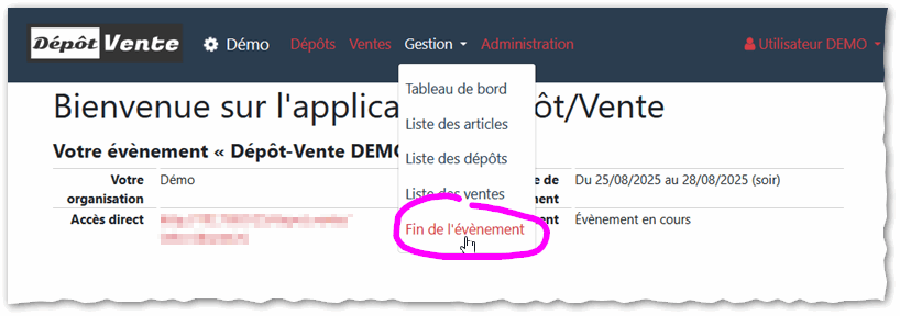 Menu fin de l'évènement